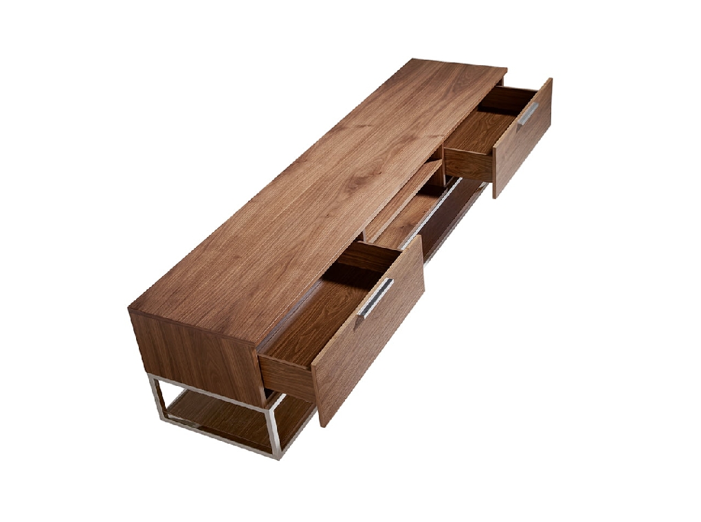 TV stand in walnut wood and chrome-plated steel