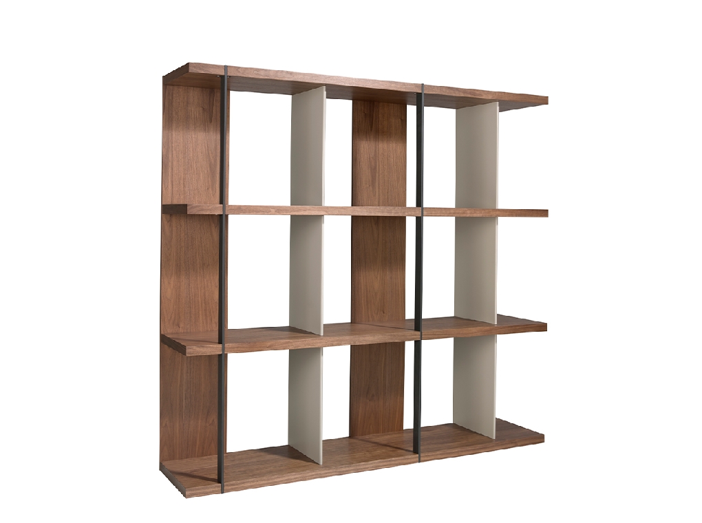 Walnut wood shelving with lacquered sides and black steel