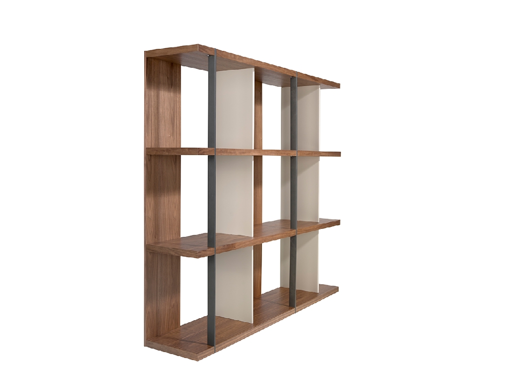 Walnut wood shelving with lacquered sides and black steel