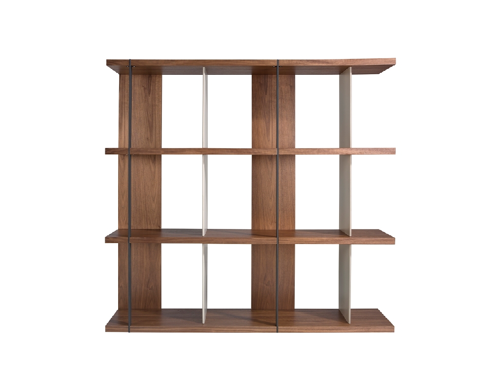 Walnut wood shelving with lacquered sides and black steel