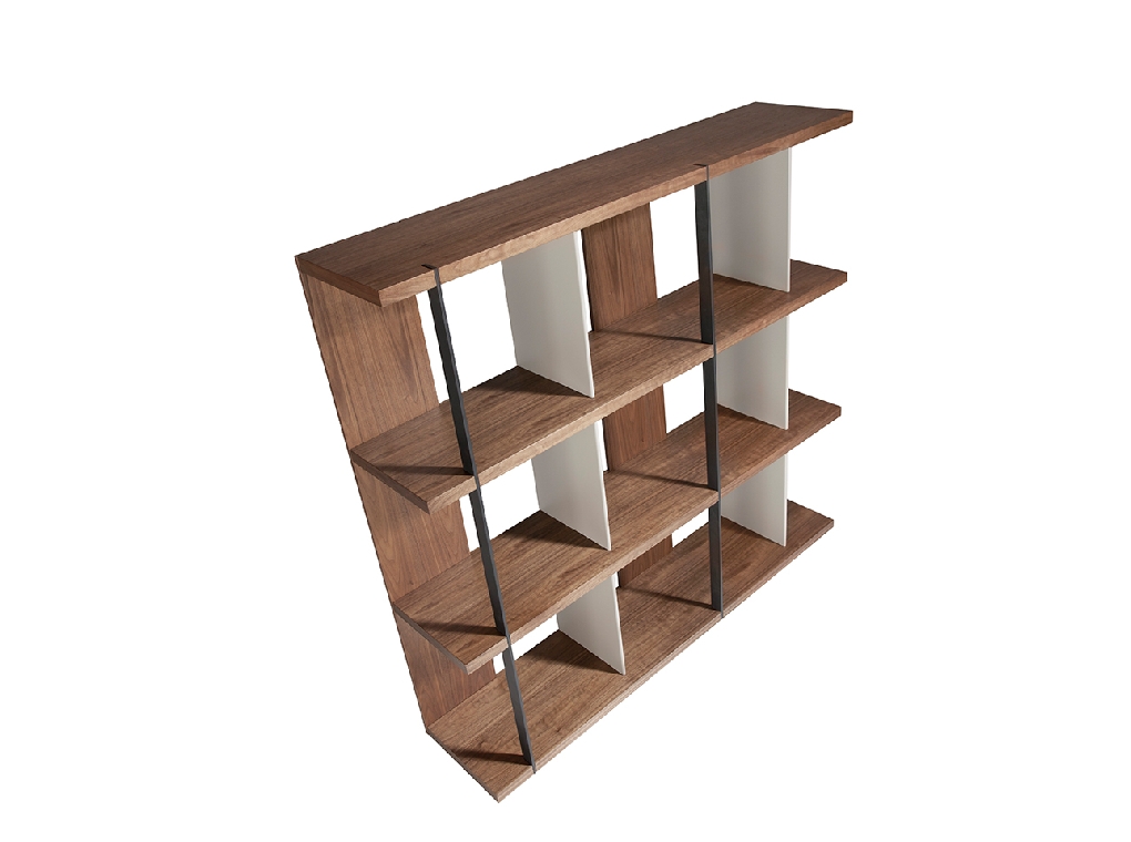 Walnut wood shelving with lacquered sides and black steel