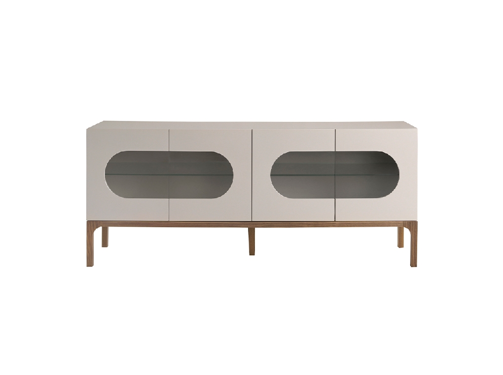 Gray and walnut wood sideboard with interior lighting