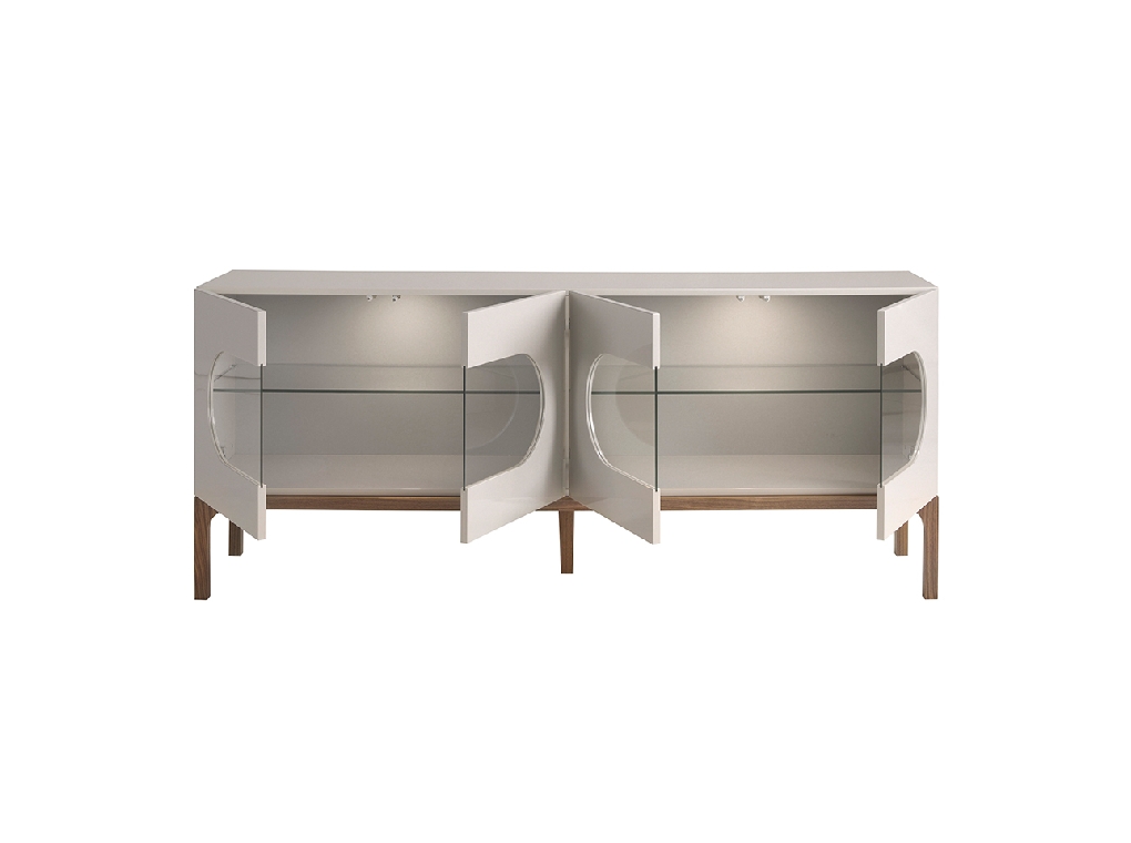 Gray and walnut wood sideboard with interior lighting