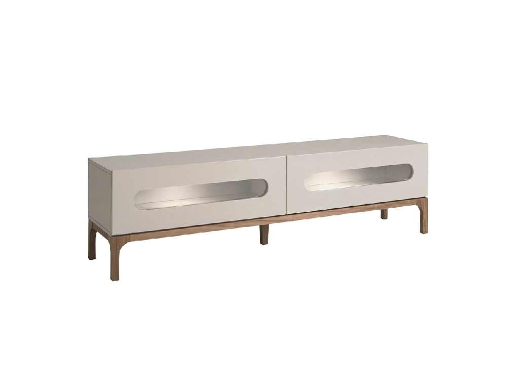 Gray and walnut wood TV cabinet with interior lighting