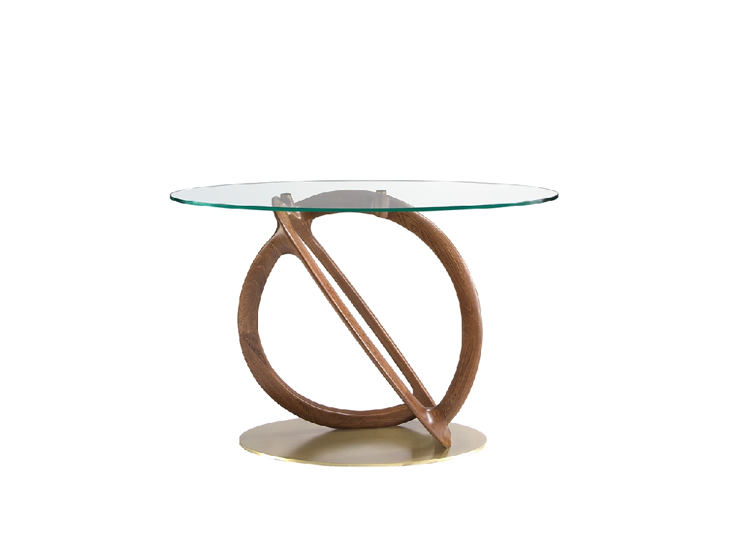 Oval console in tempered glass and walnut