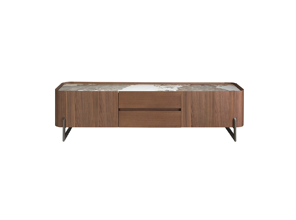 Walnut and dark metallised steel TV cabinet with porcelain marble top