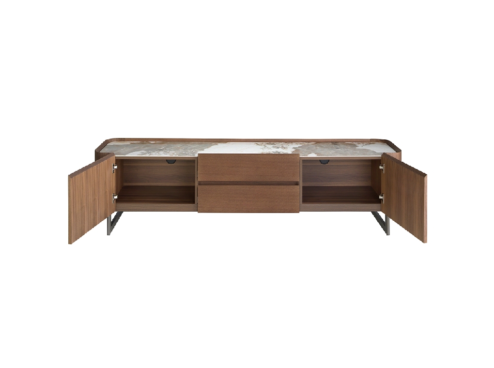 Walnut and dark metallised steel TV cabinet with porcelain marble top