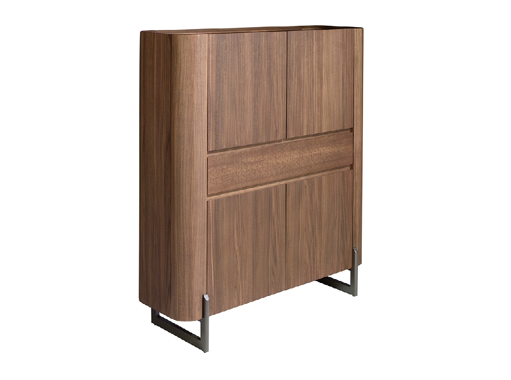 Credenza alta in noce e acciaio scuro metallizzato