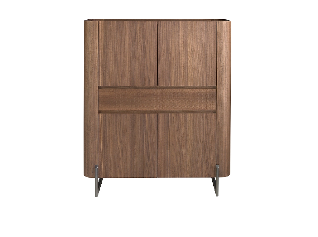 Credenza alta in noce e acciaio scuro metallizzato