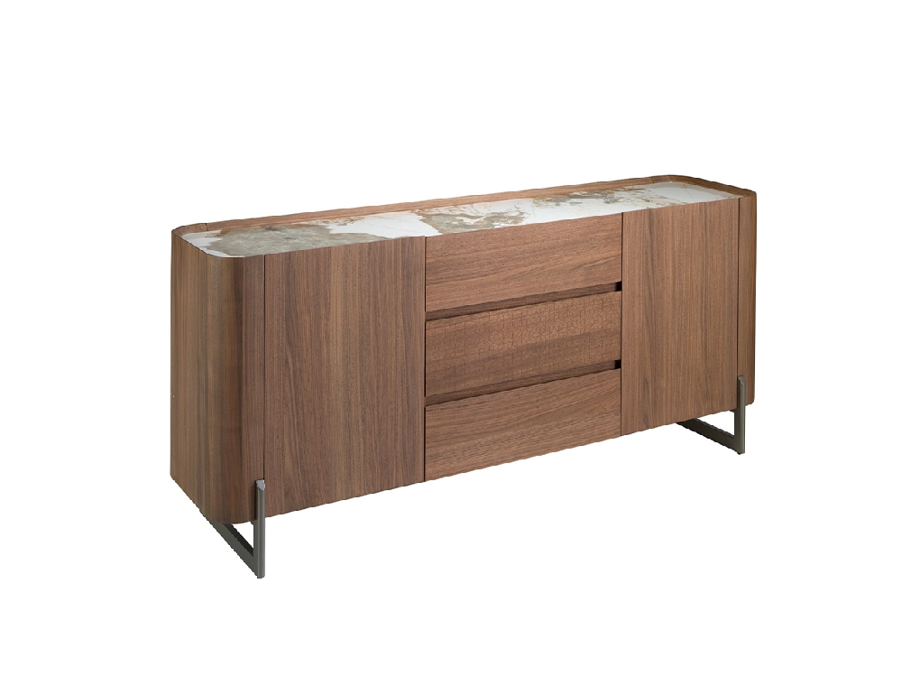 Credenza in noce e acciaio metallizzato scuro con piano in marmo porcellanato