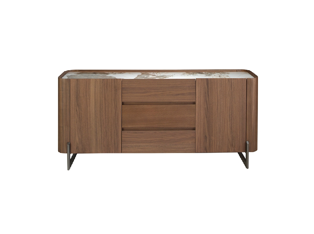 Walnut and dark metallised steel sideboard with porcelain marble top