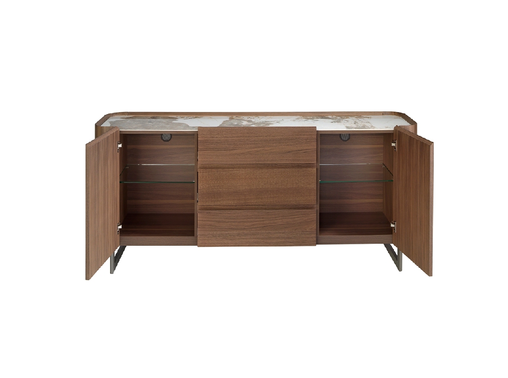 Walnut and dark metallised steel sideboard with porcelain marble top