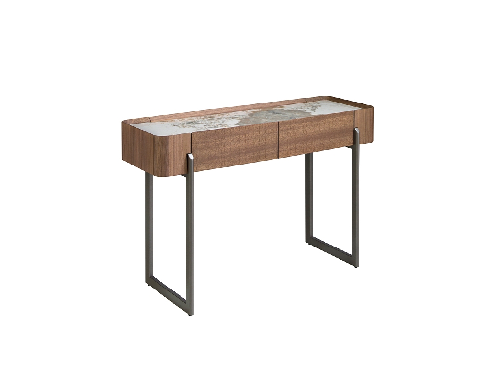 Rectangular porcelain marble, walnut and dark metallic steel console table