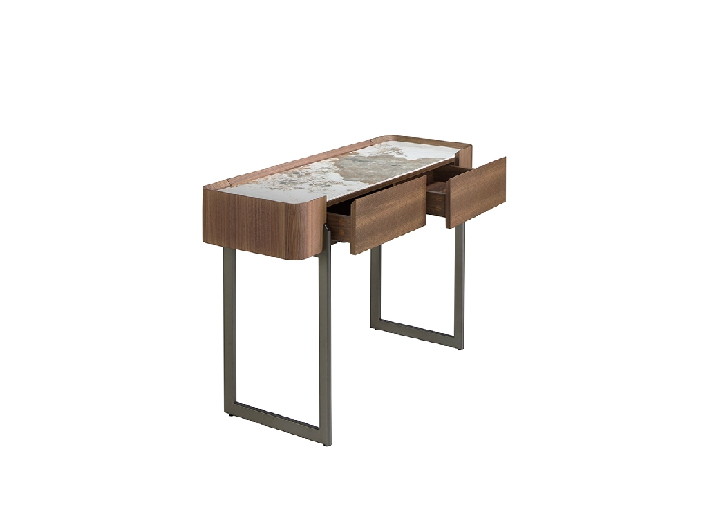 Rectangular porcelain marble, walnut and dark metallic steel console table