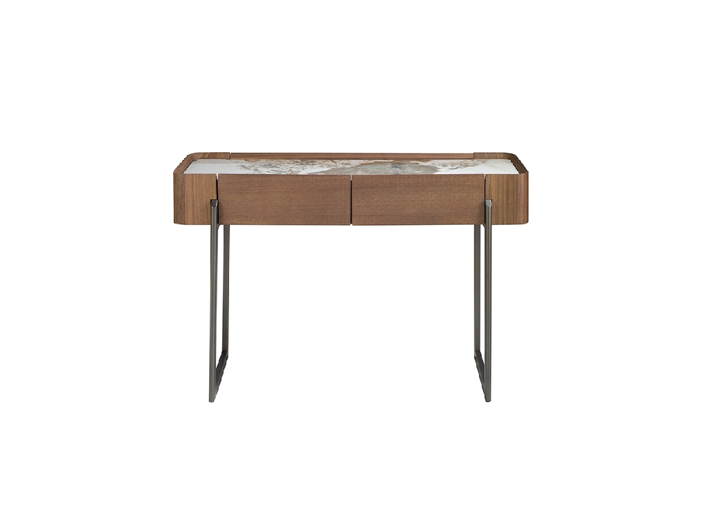 Rectangular porcelain marble, walnut and dark metallic steel console table