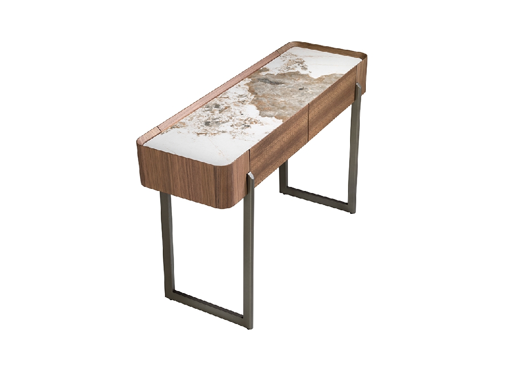 Rectangular porcelain marble, walnut and dark metallic steel console table