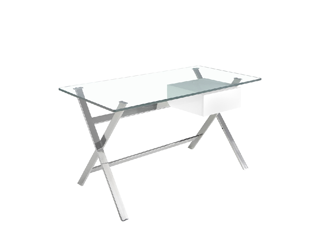 White wood and chrome-plated steel desk with tempered glass top
