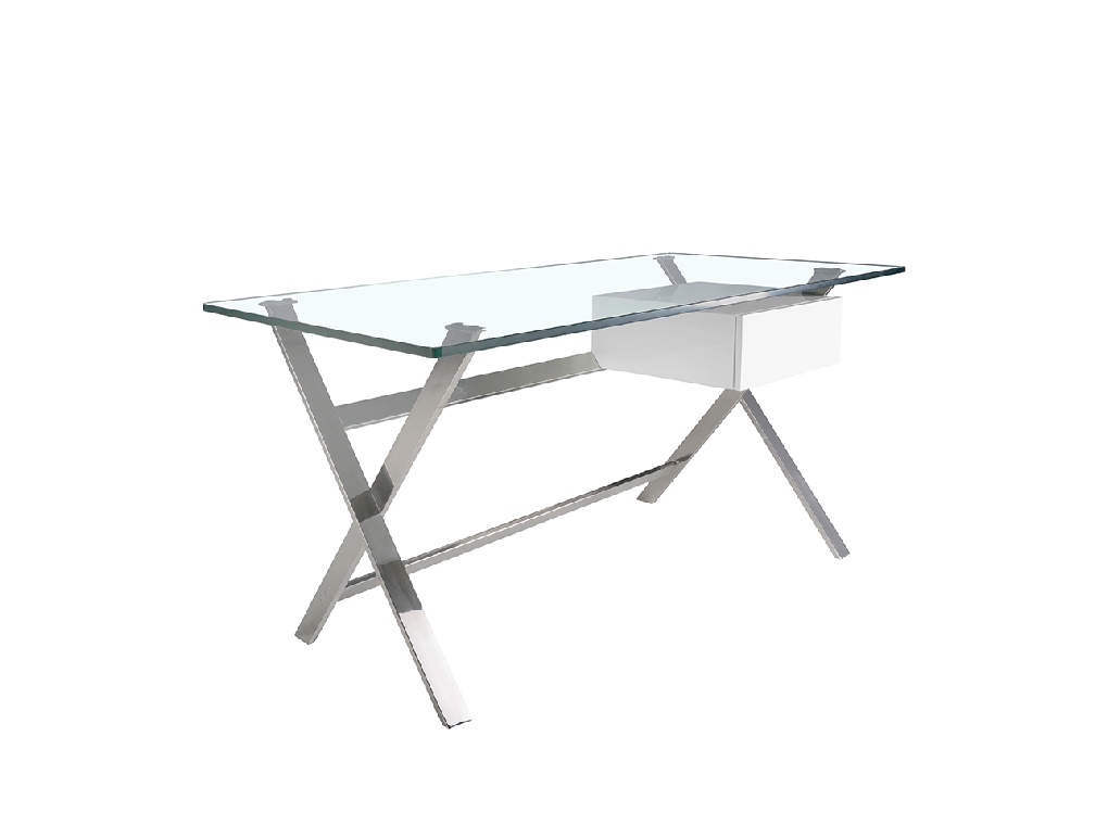 White wood and chrome-plated steel desk with tempered glass top