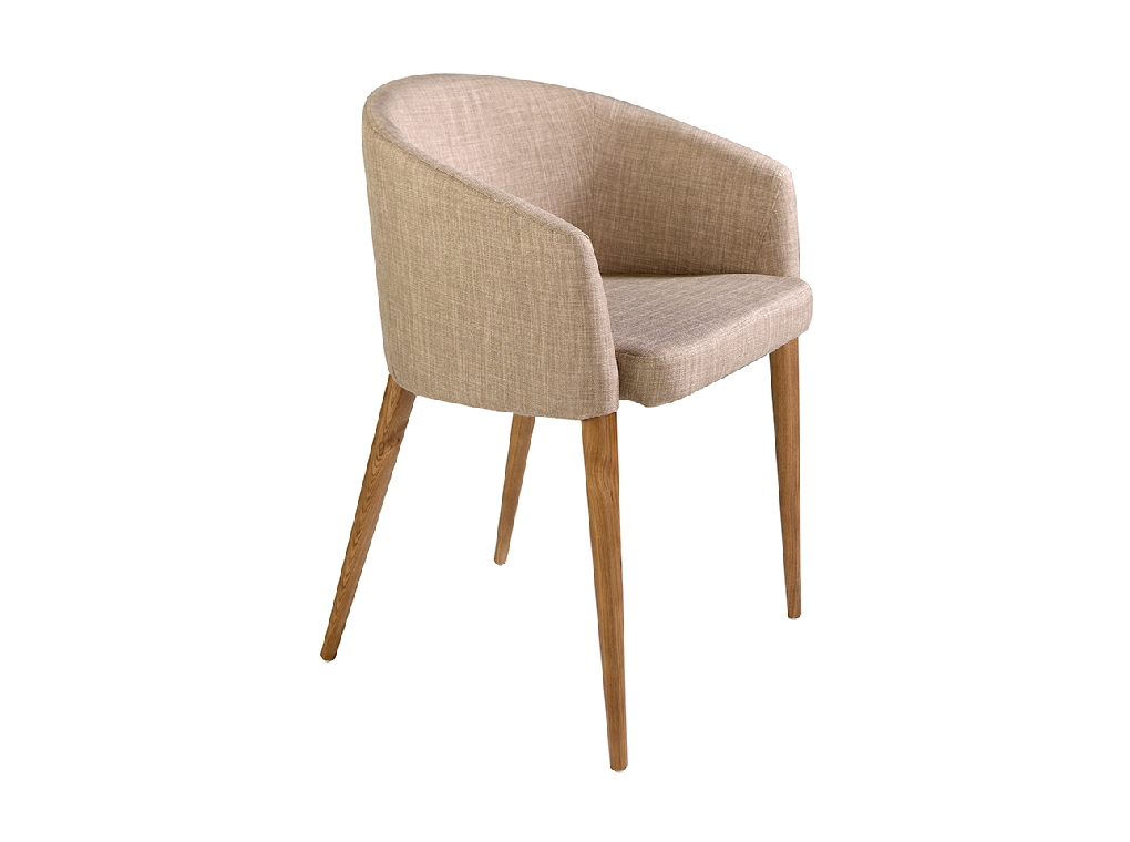 Chair upholstered in fabric with Walnut colored wooden legs