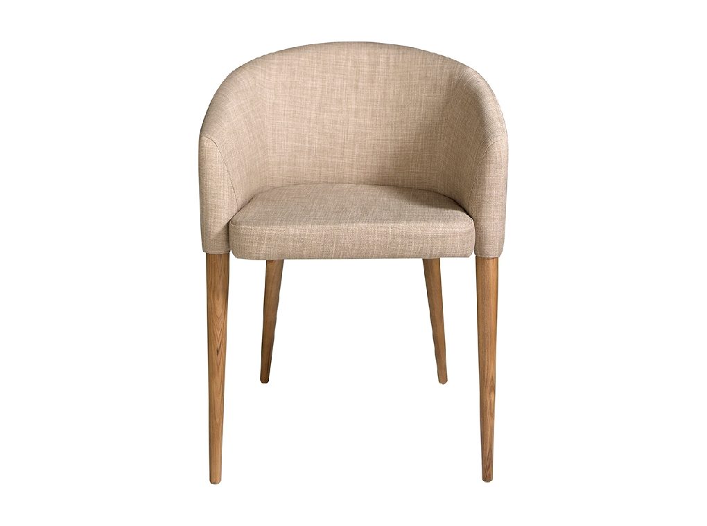 Chair upholstered in fabric with Walnut colored wooden legs