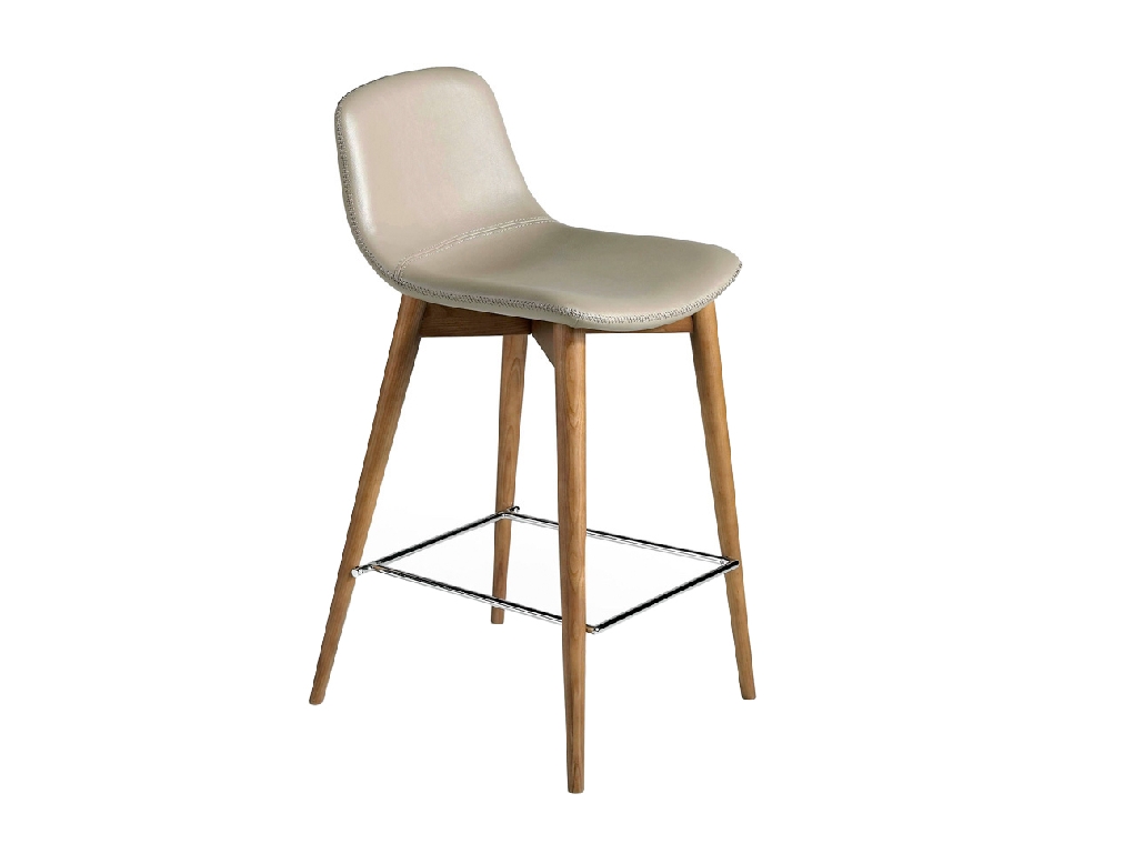 Stool upholstered in leatherette with Walnut colored wooden legs