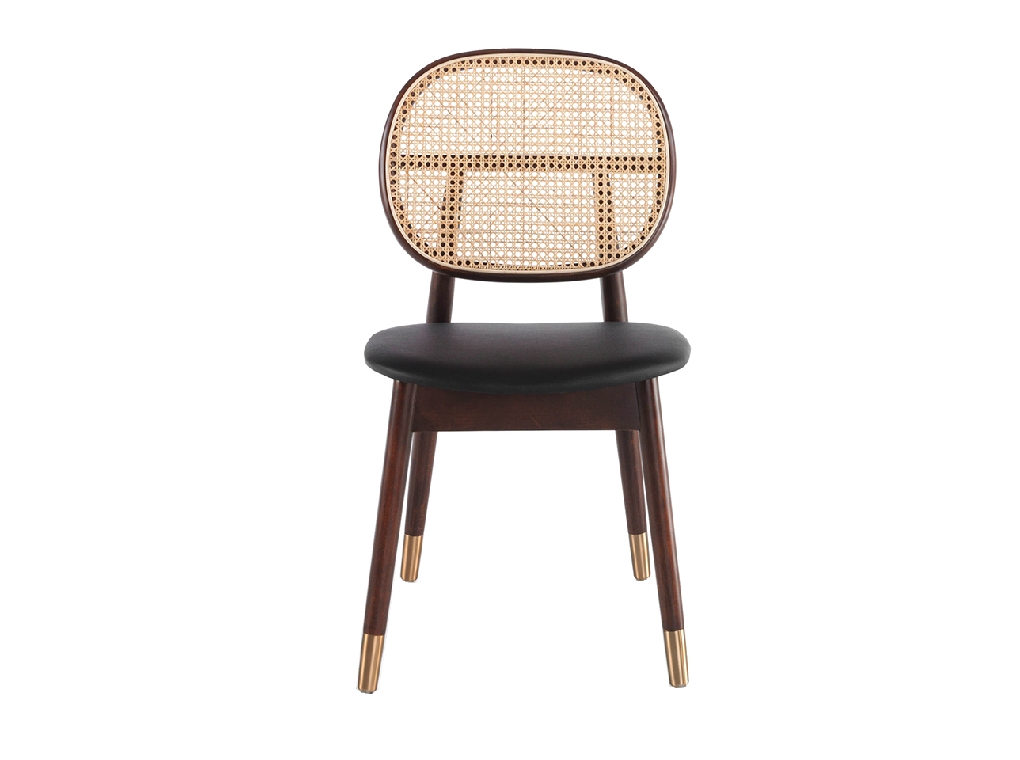 Chair upholstered in leatherette with rattan backrest and walnut wood legs