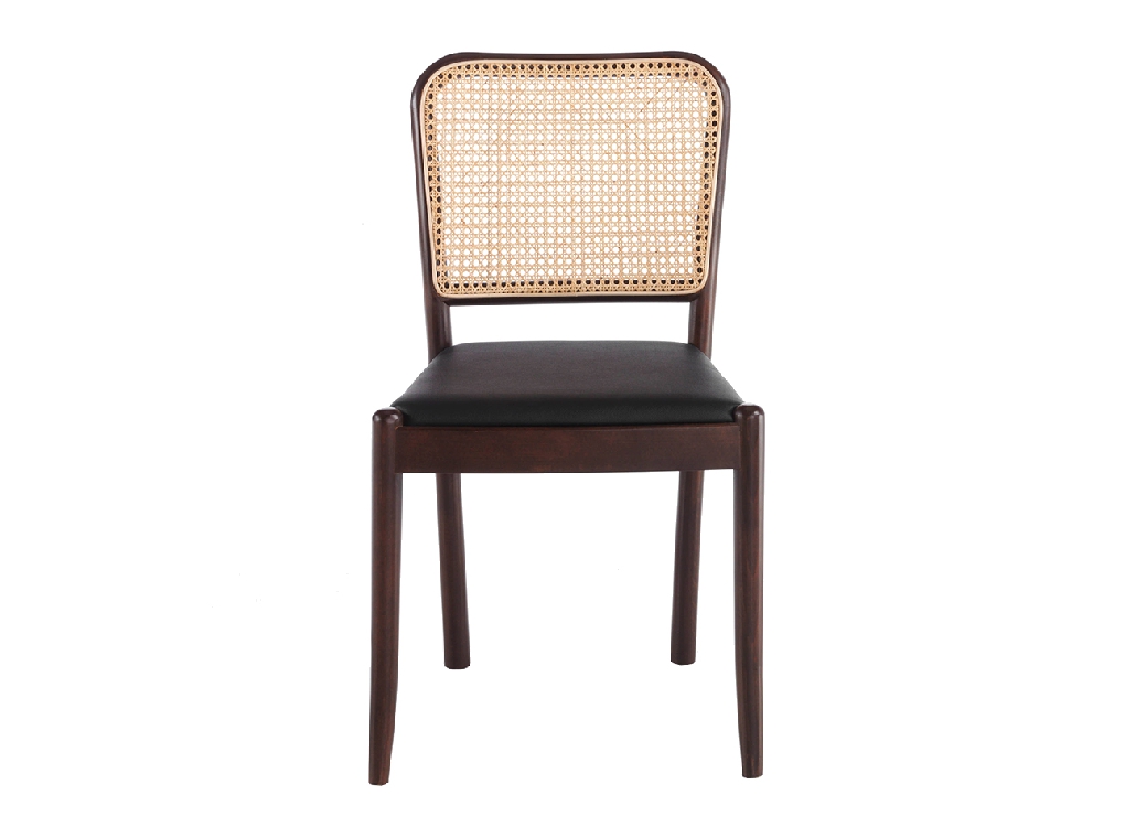 Chair upholstered in leatherette with rattan backrest and Walnut wood legs