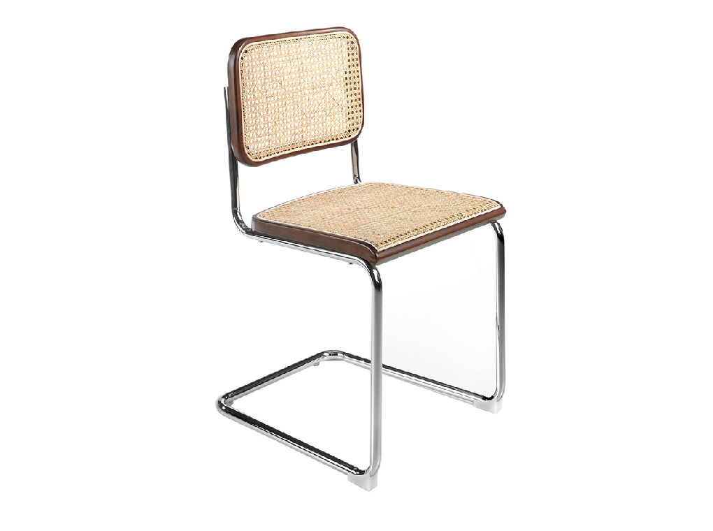 Walnut wood chair with rattan back and seat and chromed steel frame