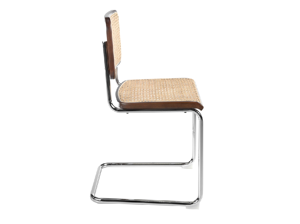 Walnut wood chair with rattan back and seat and chromed steel frame
