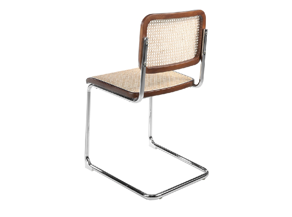 Walnut wood chair with rattan back and seat and chromed steel frame
