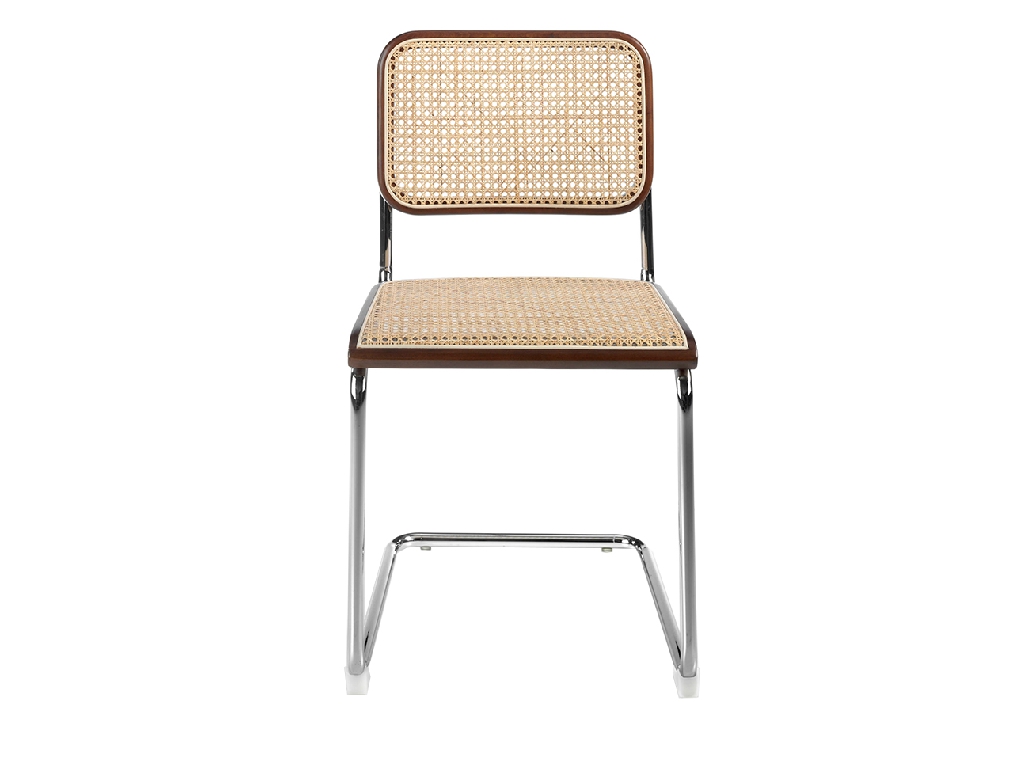 Walnut wood chair with rattan back and seat and chromed steel frame