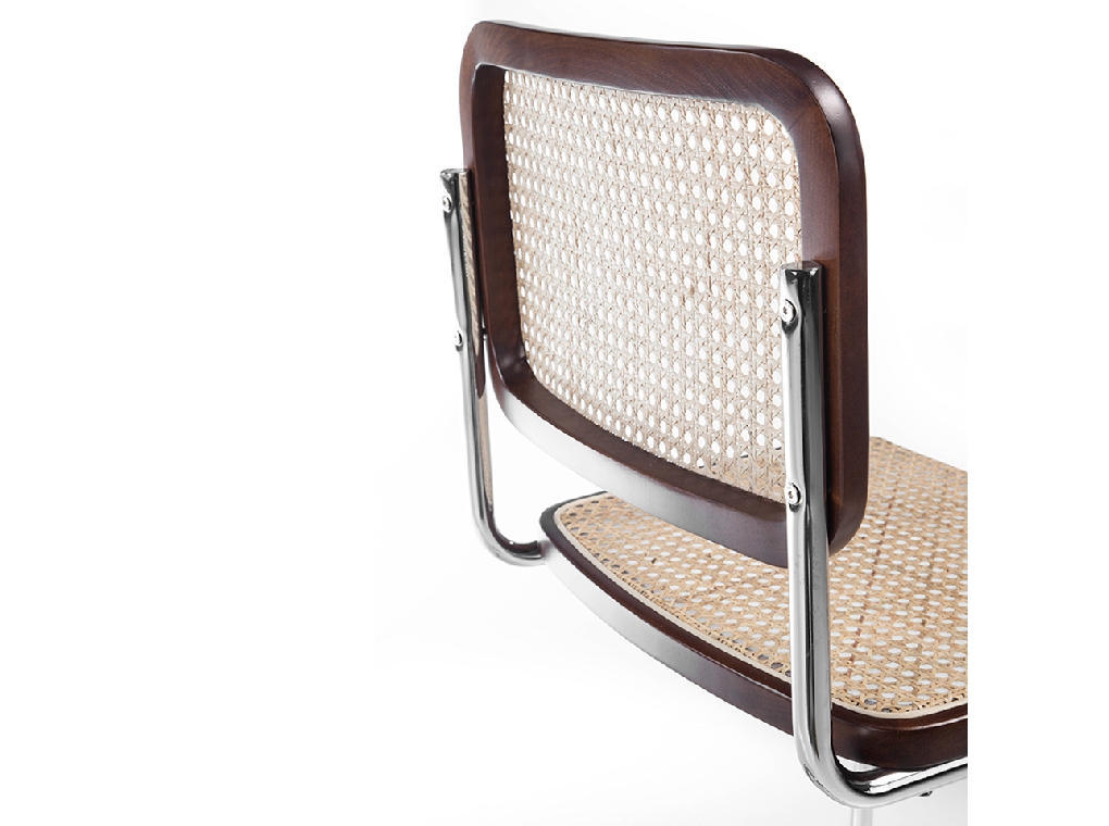 Walnut wood chair with rattan back and seat and chromed steel frame