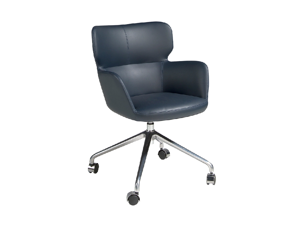 Blue swivel office chair with armrests and steel legs