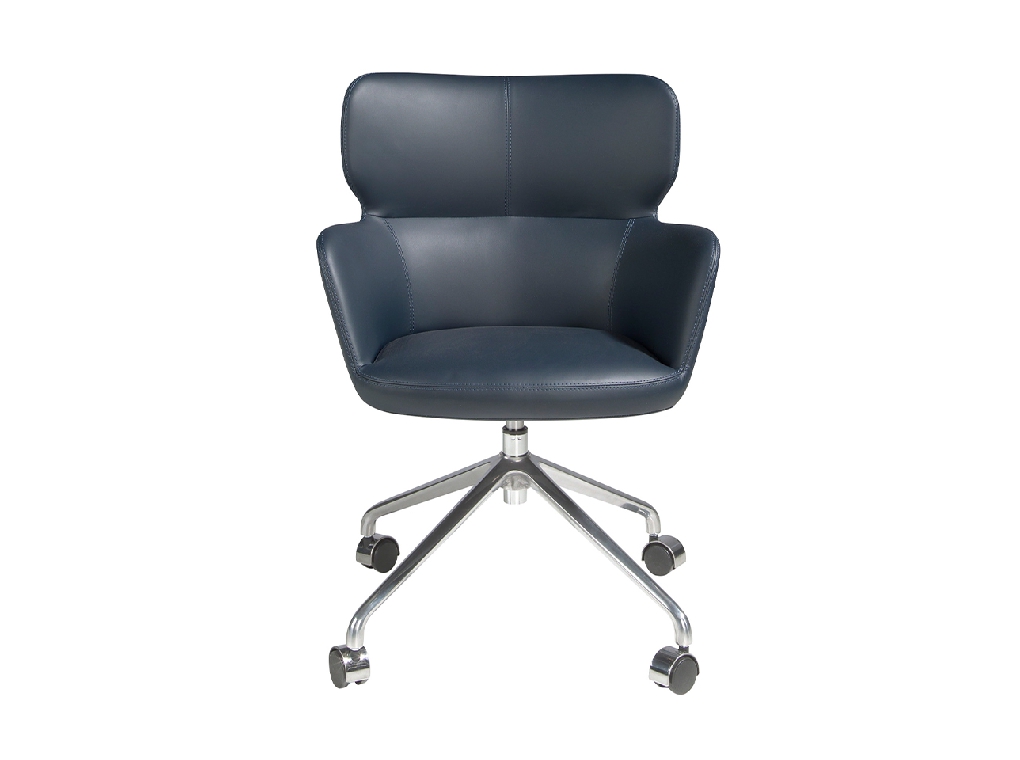 Blue swivel office chair with armrests and steel legs