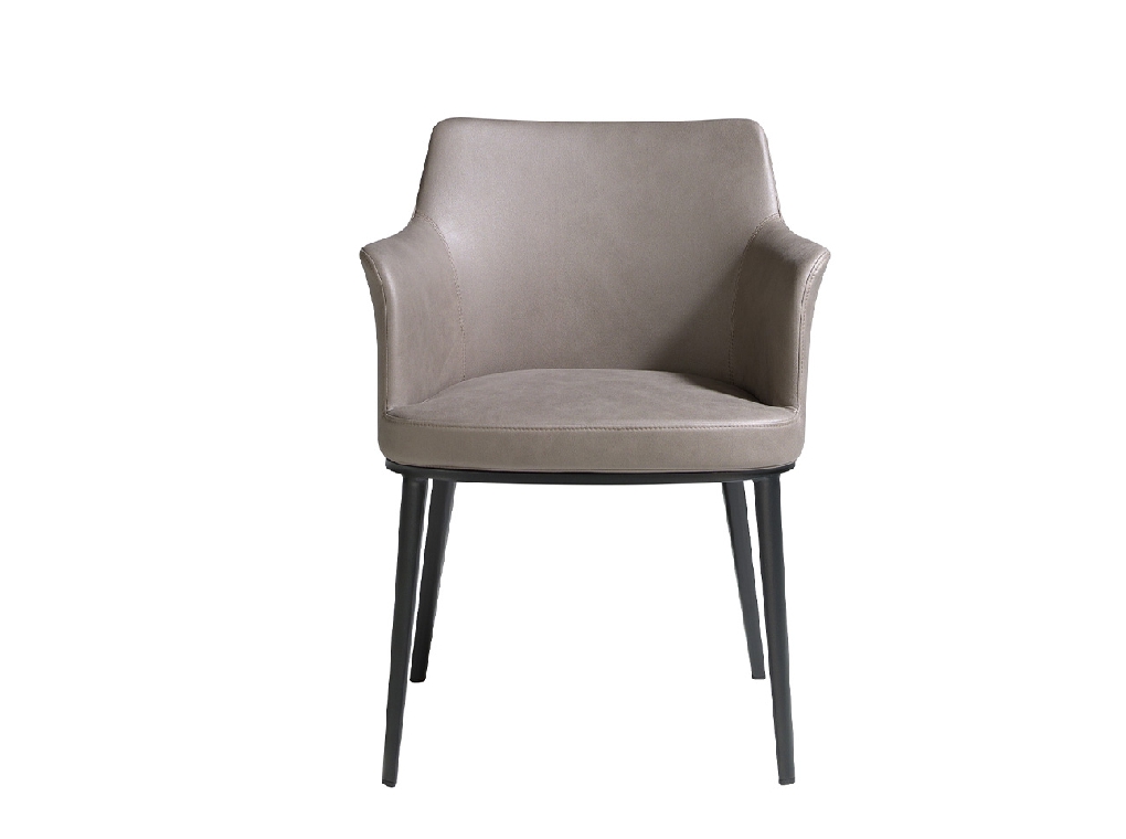 Dining chair upholstered in fabric and black steel structure.