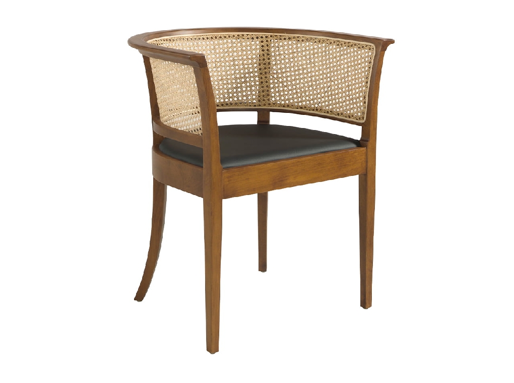 Dining chair upholstered in eco-leather with rattan mesh back. Structure in ash wood painted in walnut colour.