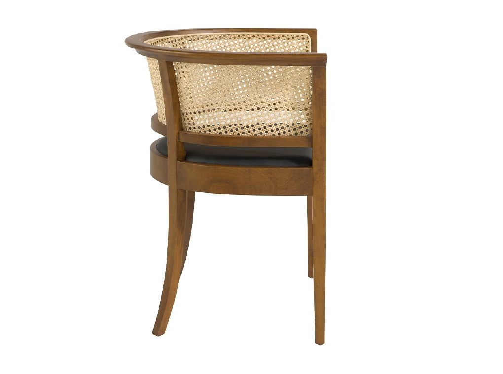 Dining chair upholstered in eco-leather with rattan mesh back. Structure in ash wood painted in walnut colour.