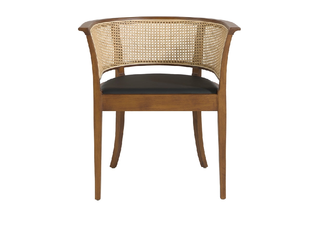 Dining chair upholstered in eco-leather with rattan mesh back. Structure in ash wood painted in walnut colour.