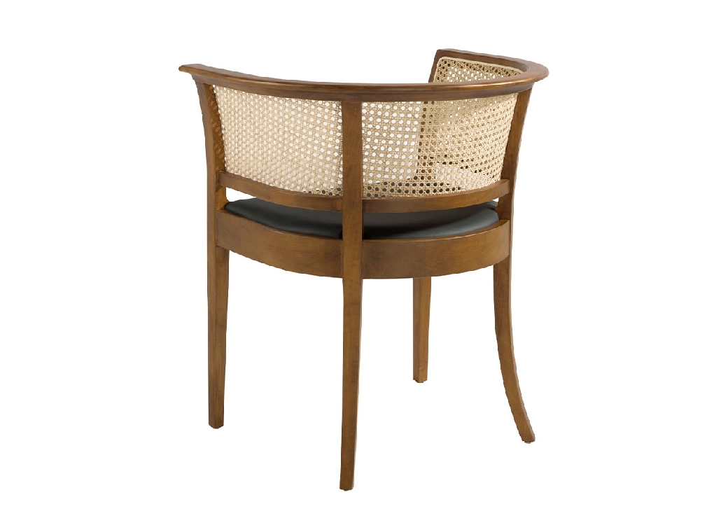 Dining chair upholstered in eco-leather with rattan mesh back. Structure in ash wood painted in walnut colour.