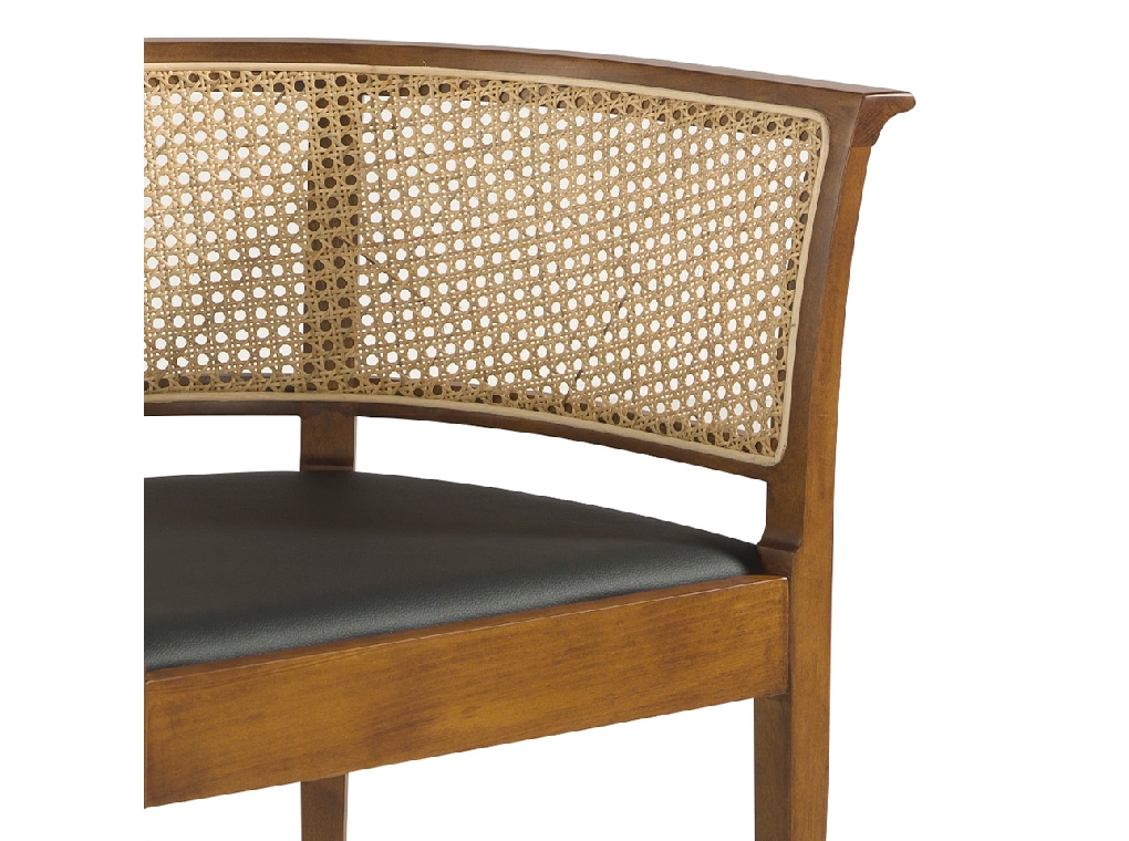 Dining chair upholstered in eco-leather with rattan mesh back. Structure in ash wood painted in walnut colour.