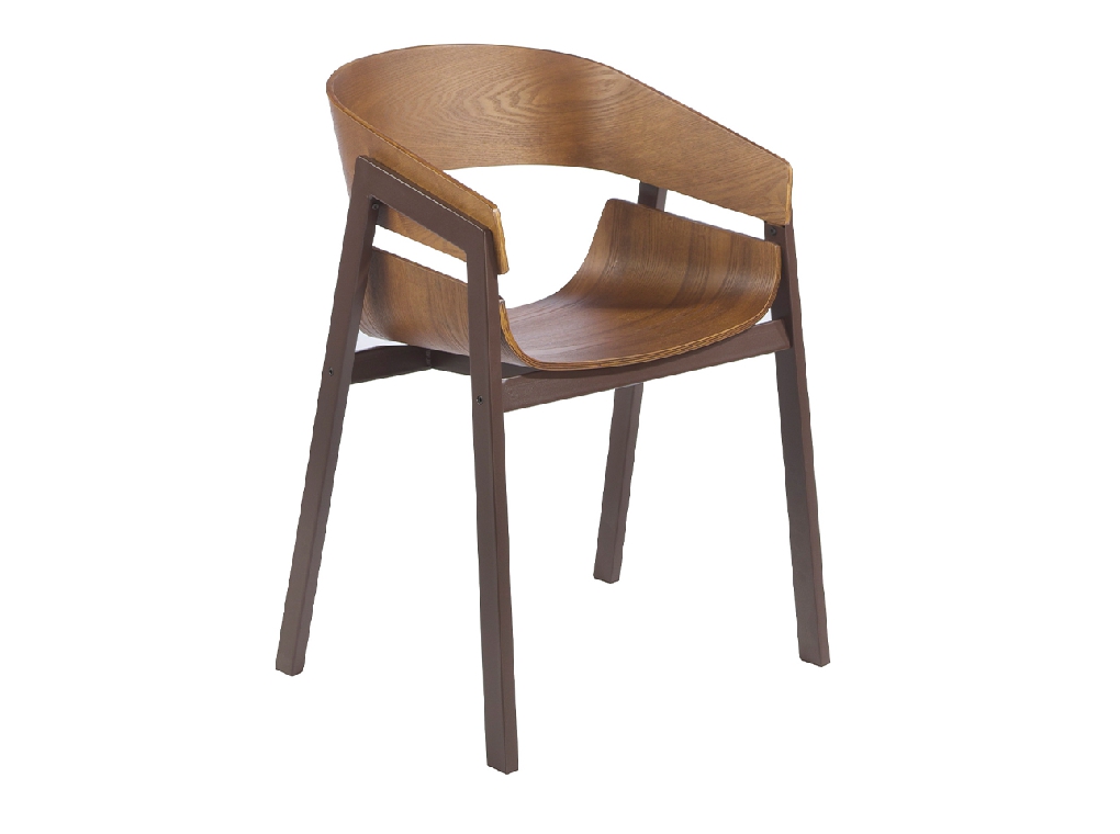 Walnut veneered wood chair with brown steel structure