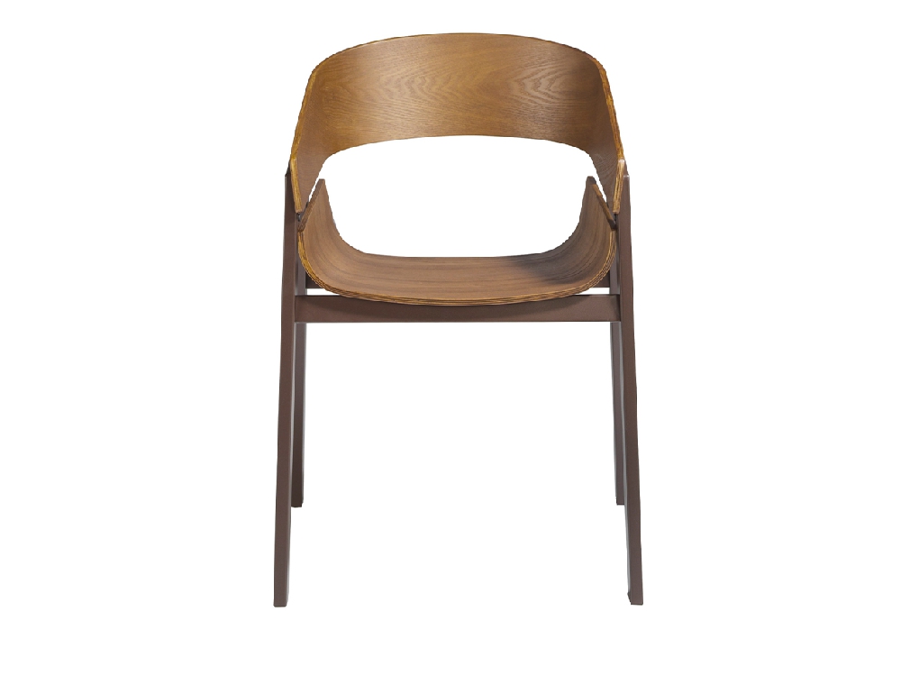 Walnut veneered wood chair with brown steel structure