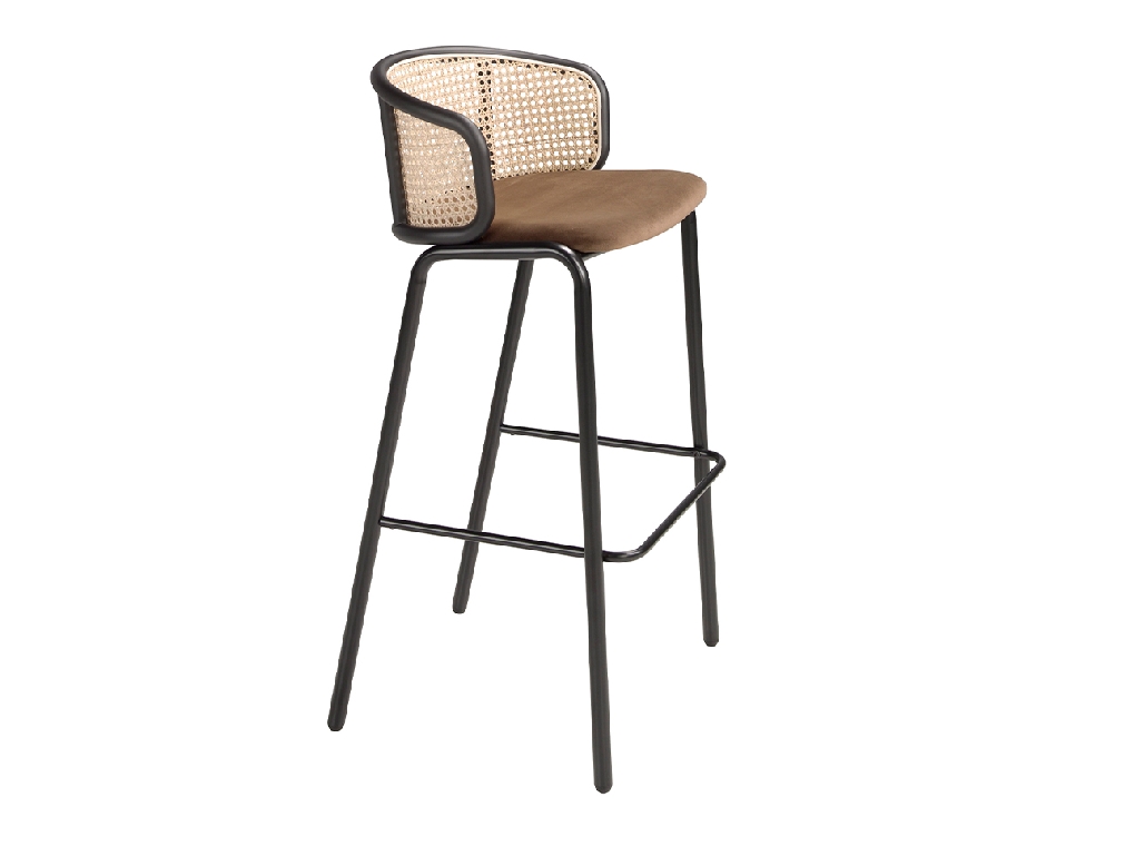 Hocker aus braunem Samt und Rattan