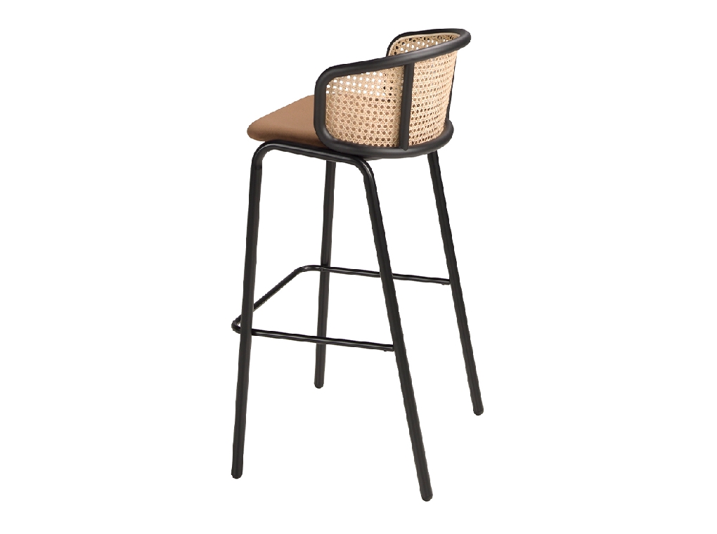 Hocker aus braunem Samt und Rattan