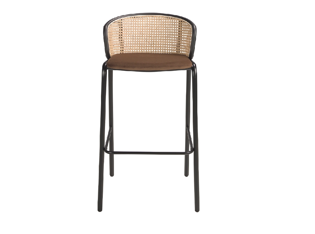 Hocker aus braunem Samt und Rattan