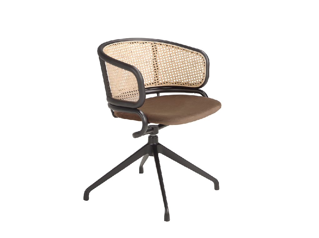 Brown velvet and rattan swivel chair