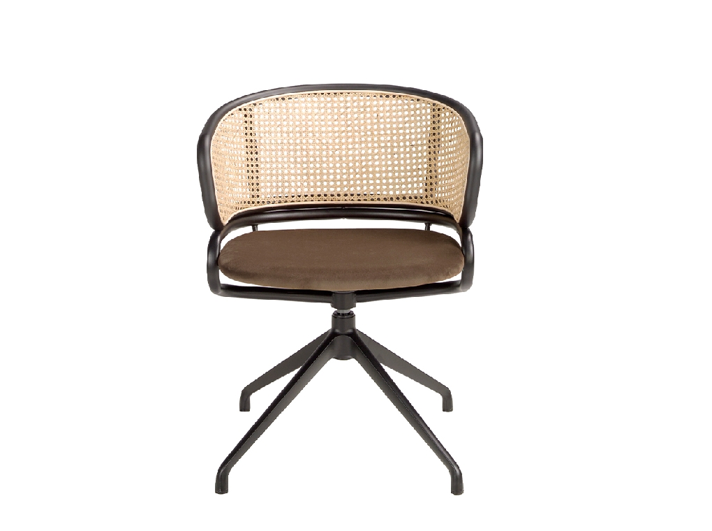 Brown velvet and rattan swivel chair