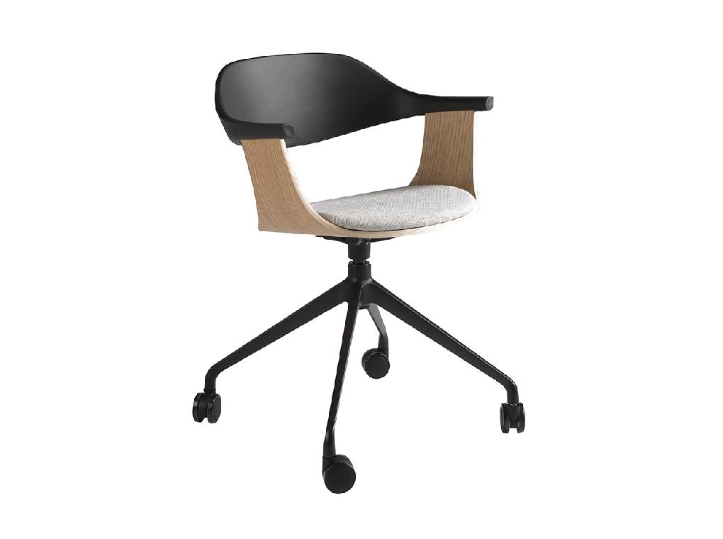 Swivel office chair in light grey fabric and black pvc