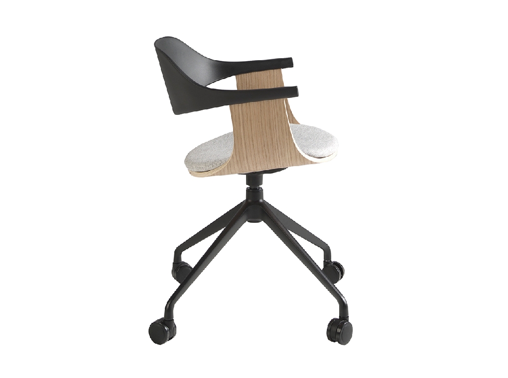 Swivel office chair in light grey fabric and black pvc