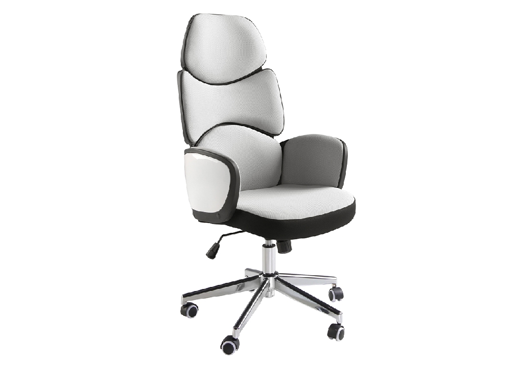 Silla oficina giratoria tela gris claro y pvc blanco brillo